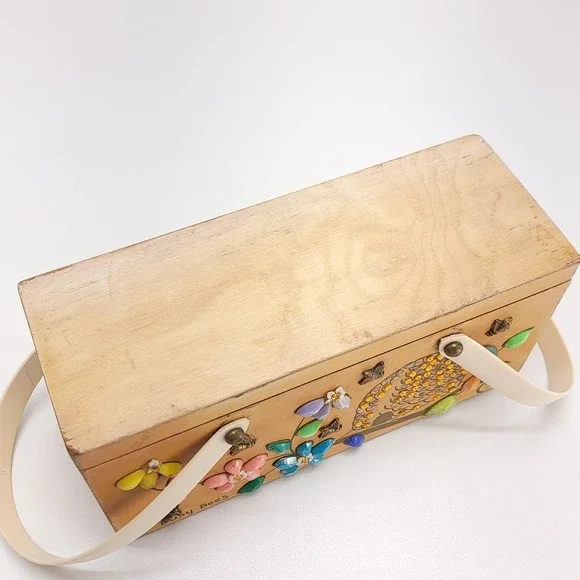 Enid Collins Of Texas 1960's Wood Box Purse "Busy‎ Bees" Boho Vintage Handbag - Picture 4 of 13